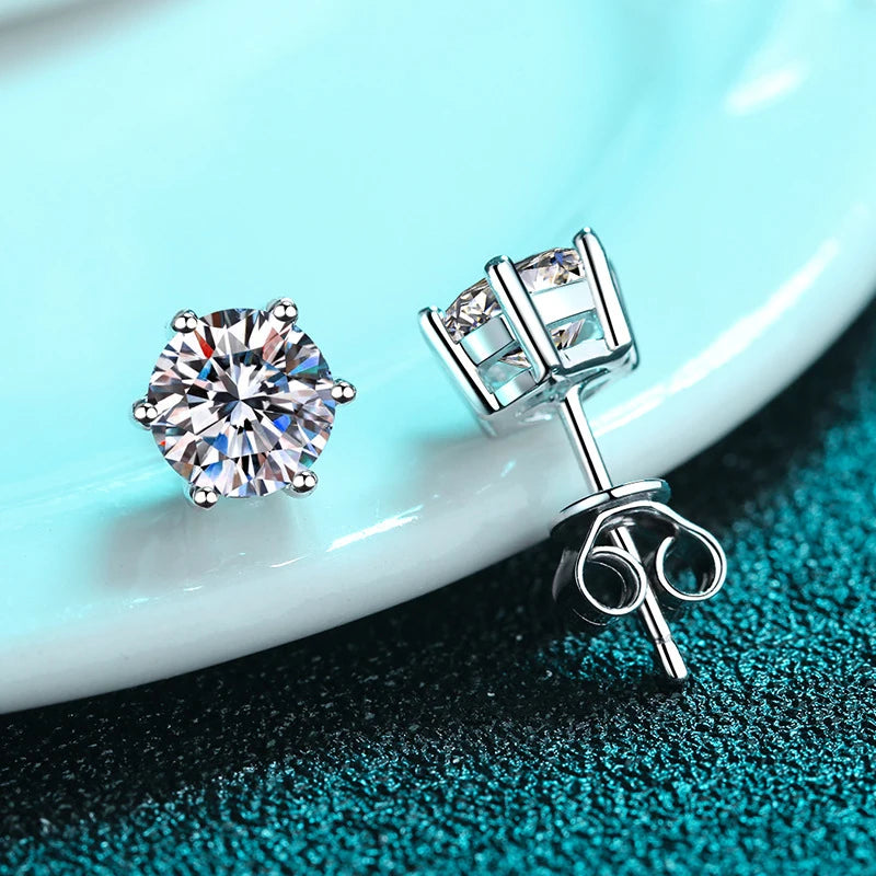 KNOBSPIN Moissanite Stud Earrings 14K White Gold Plated Sterling Silver D VVS1 Lab Diamond 6 Claws Round Ear Studs For Women