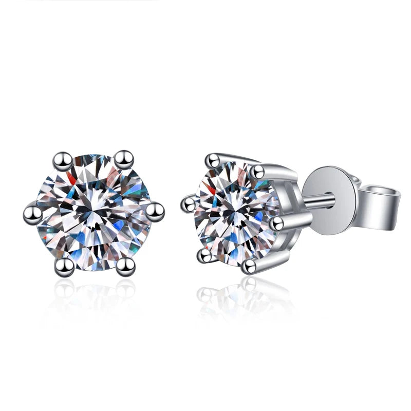 KNOBSPIN Moissanite Stud Earrings 14K White Gold Plated Sterling Silver D VVS1 Lab Diamond 6 Claws Round Ear Studs For Women