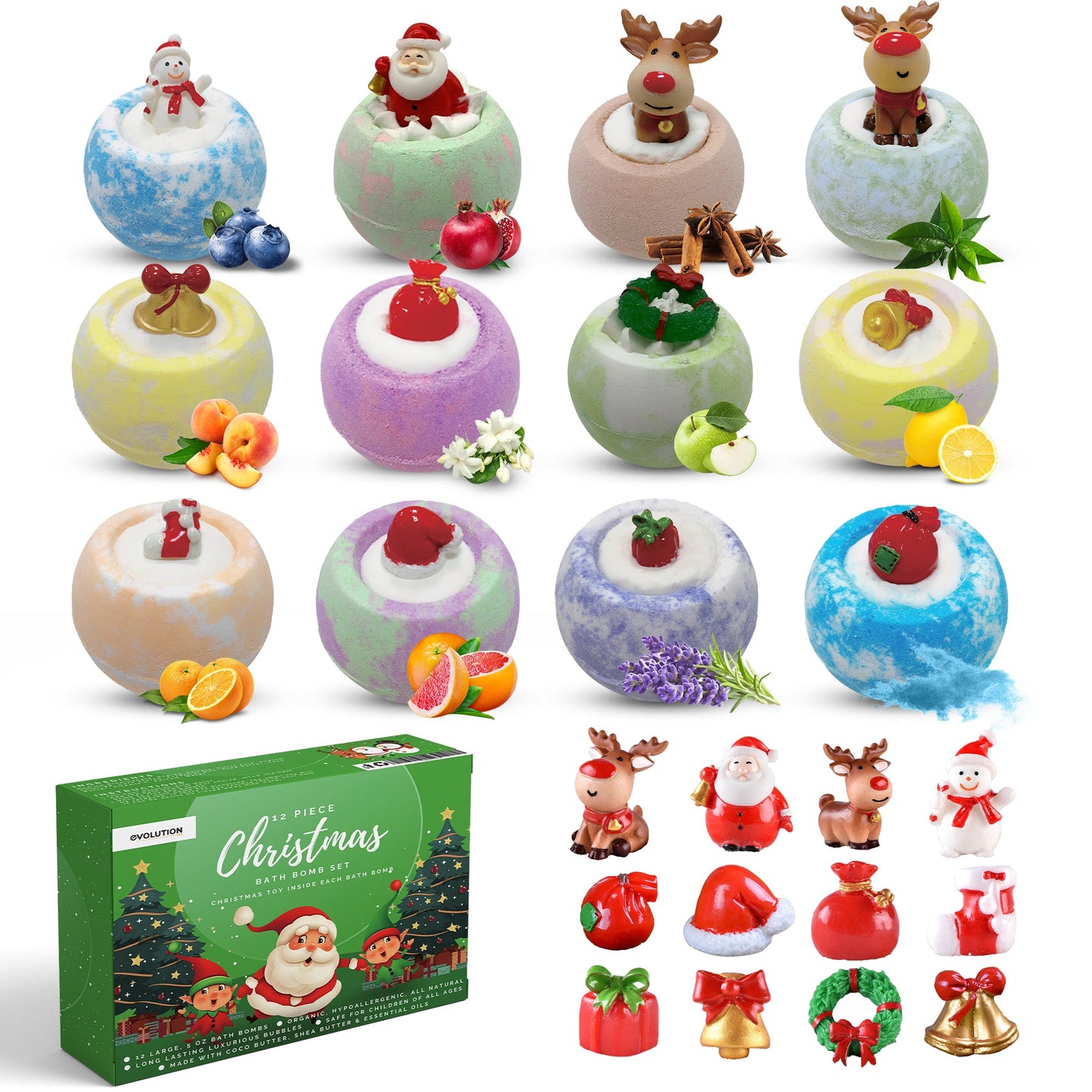 EvolutionUSA - 12 Christmas Bath Bombs for Kids, Holiday Bath Bombs with Surprise Inside, Perfect Christmas Stocking Stuffers or Festive Holiday Bathombs Set, Natural & Hypoallergenic Bath Ball Set