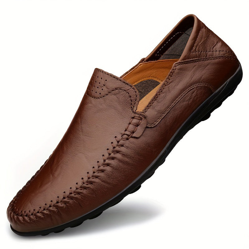 CLOHOO Men's Genuine -like Upper Slip-On Dress Loafers - All-Season Round-Toe Business Casual Shoes with PU, Brown/Black, Durable Rubber Sole for Office, Vacation & Formal Wear (No Laces/Ties)
