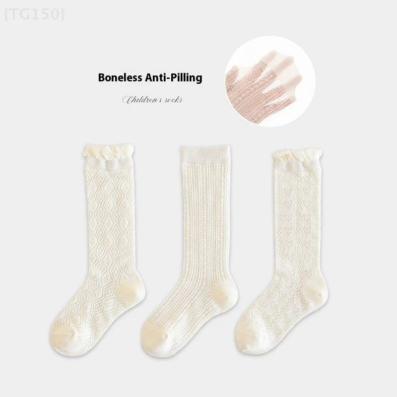 3 Pairs Princess White Lace Ruffle Stockings - Summer Mesh Thin Breathable Kids Long Socks for 3-12 Years