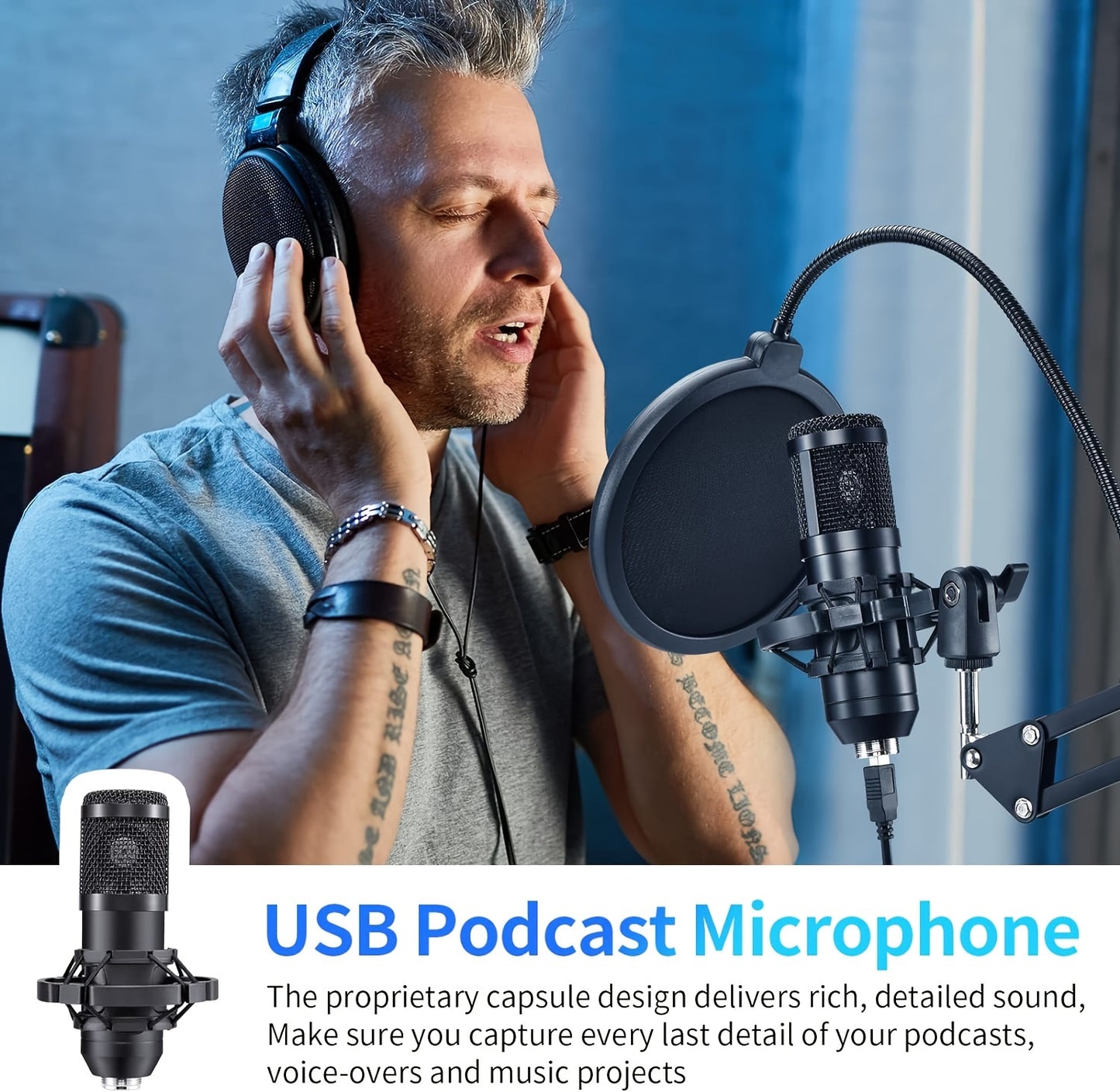 USB Microphone, Professional 192kHz/24Bit Plug & Play PC Computer Condenser Cardioid Mic Kit with Sound Advanced Chipset, for Streaming, Podcast, Studio Recording and Games