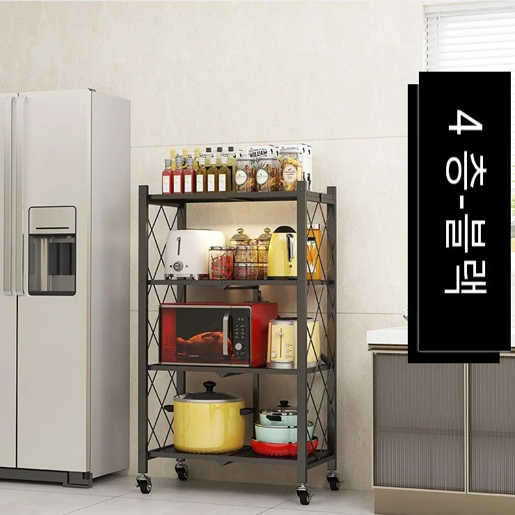 Kitchen storage rack, floor to floor, multi-layer storage rack, household movable wheeled small cart, folding wall storage rack