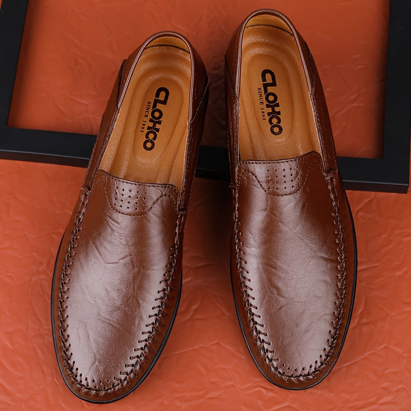 CLOHOO Men's Genuine -like Upper Slip-On Dress Loafers - All-Season Round-Toe Business Casual Shoes with PU, Brown/Black, Durable Rubber Sole for Office, Vacation & Formal Wear (No Laces/Ties)