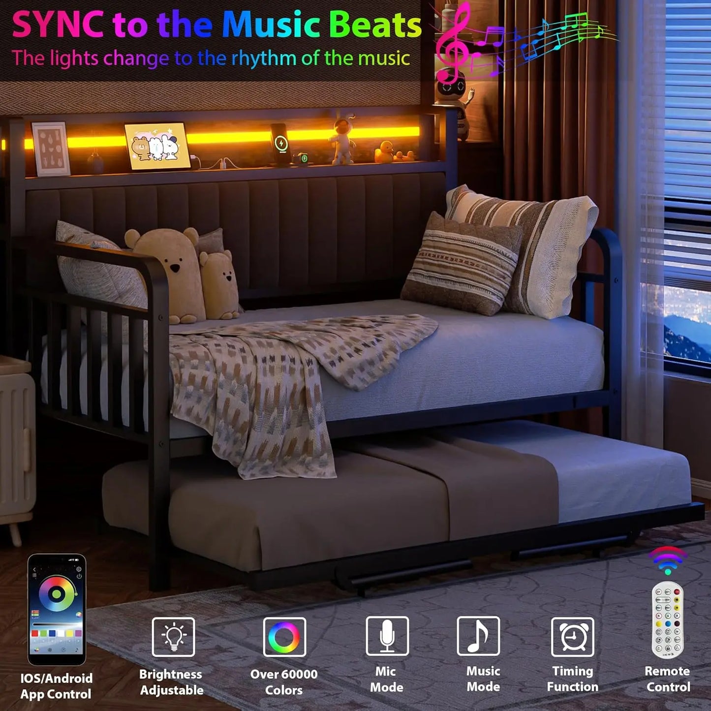 LED Light, Heavy Duty Metal Twin Bed Frame with Upholstered Storage Headboard & Charging Station, Day Bed Pop Up Trundle Bed Twi