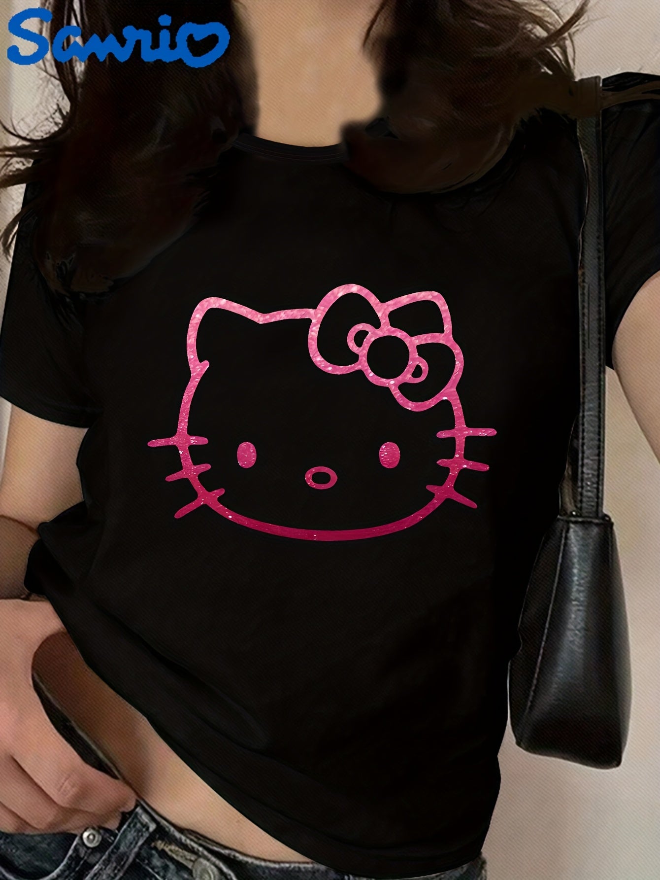 Sanrio Hello Kitty Cute Cartoon Print Women's Short Sleeve T-Shirt - Soft Polyester Blend, Round Neck, Machine Washable, White with Pink Graphic Design, Perfect for Spring/Summer Casual Wear