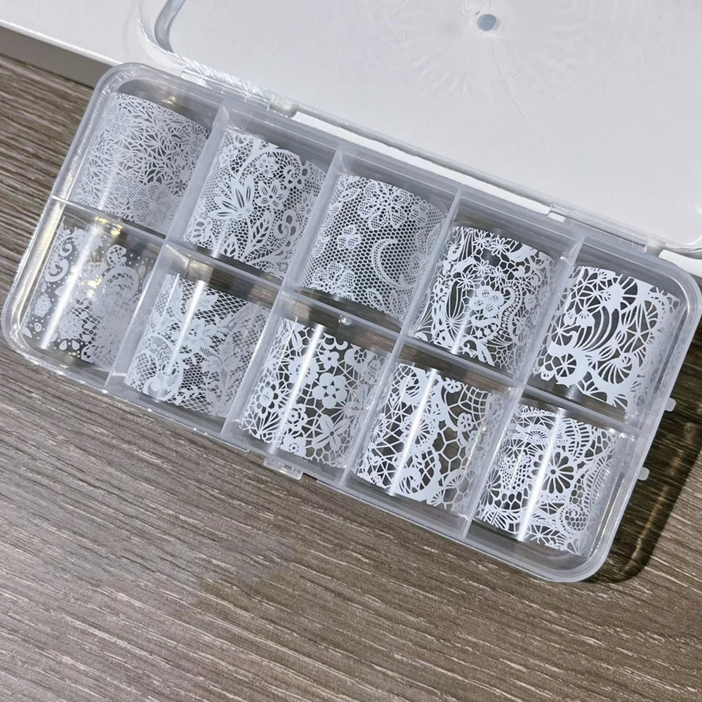 10Rolls/Box White+Black Lace Design Nail Transfer Foils Stickers 3D Mixed Sexy Lace Flower Pattern Nail Decals DIY Manicure Deco