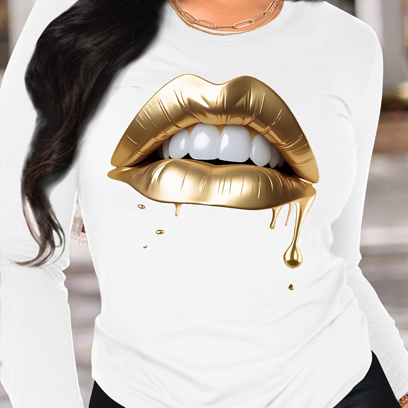 Vibrant Lips Print Long Sleeve Crew Neck T-shirt - Women's Casual Spring & Fall Clothing - Comfortable, Relaxed Fit, Soft Fabric, Stylish Graphic Tee for Ladies