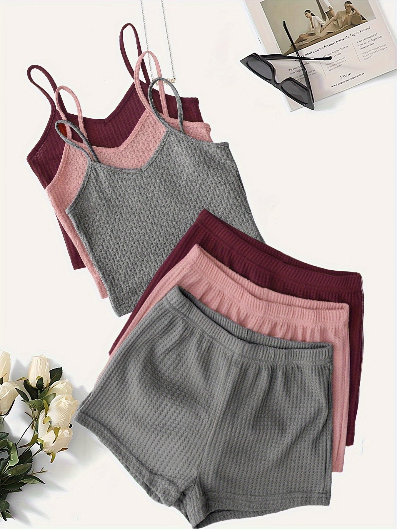 Women'S Elegant Waffle Cami & Shorts Set - Soft Pink & Mint Green, Sleeveless V-Neck Top with Ruffled Straps, High-Waisted Drawstring Shorts, Casual & Comfortable for Spring/Summer, Summer Outfit | Sleeveless Top | Texture