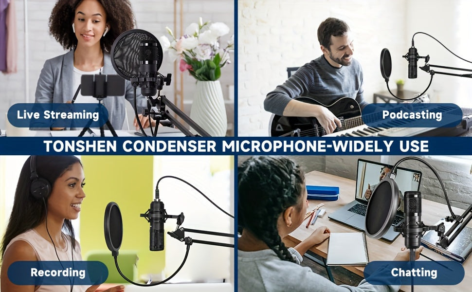 USB Microphone, Professional 192kHz/24Bit Plug & Play PC Computer Condenser Cardioid Mic Kit with Sound Advanced Chipset, for Streaming, Podcast, Studio Recording and Games