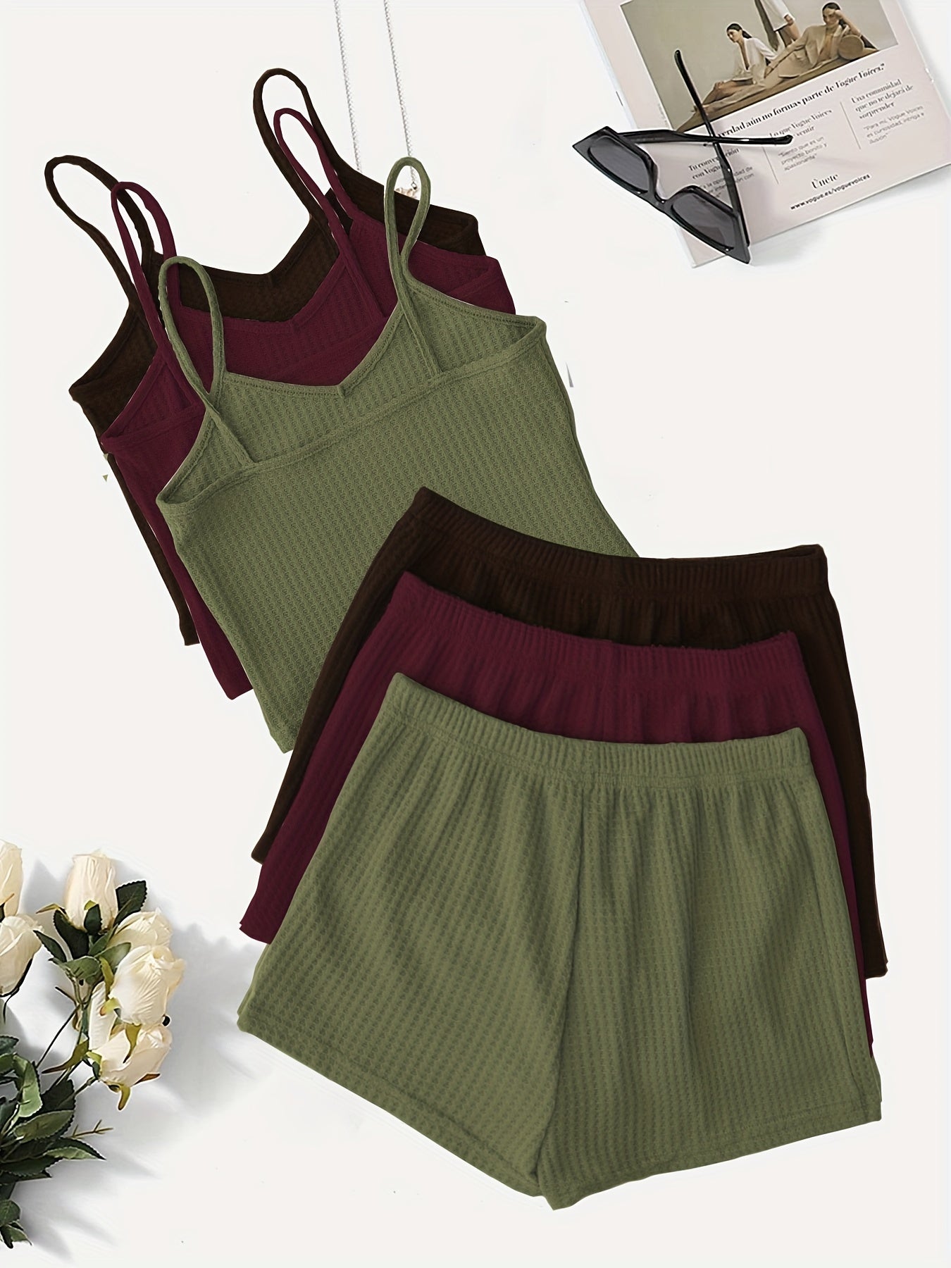 Women'S Elegant Waffle Cami & Shorts Set - Soft Pink & Mint Green, Sleeveless V-Neck Top with Ruffled Straps, High-Waisted Drawstring Shorts, Casual & Comfortable for Spring/Summer, Summer Outfit | Sleeveless Top | Texture