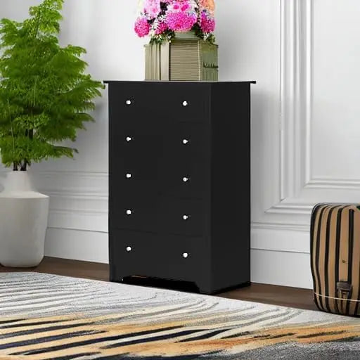 Vito Collection 5-Drawer Dresser, Black with Matte Nickel Handles, Pure Black
