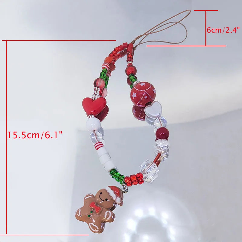 Gingerbread Man Mobile Phone Charm Strap Chain Lanyard Cute Red Green Clear Acrylic Bead Women Christmas Gifts Cellphone Jewelry
