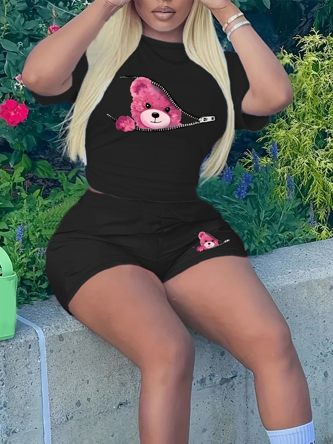 Adorable Bear Print Womens Casual Shorts Set - Comfortable Crew Neck Short Sleeve T-Shirt &figure-Hugging Skinny Shorts Outfit - Trendy Two-Piece Ensemble for Fashionable Ladies