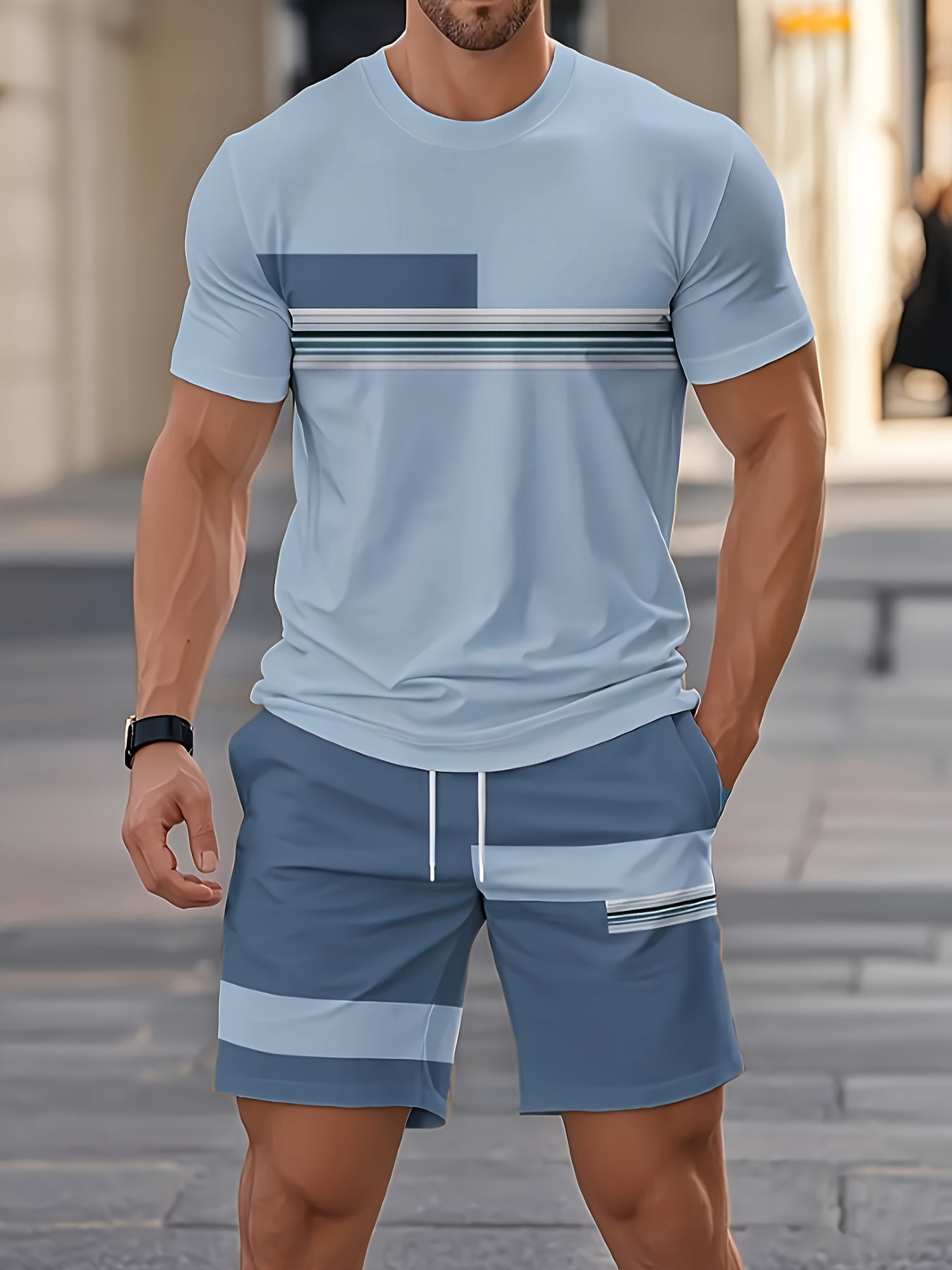 Men'S Casual 3D Print T-Shirt & Shorts Set - Breathable, Comfortable, Round Neck, Short Sleeve, Regular Fit, Spring/Summer/Fall Outdoor Leisure Wear, Casual Attire|Casual Style|Stretch Fabric, Men'S Set, Men'S Clothing, Large