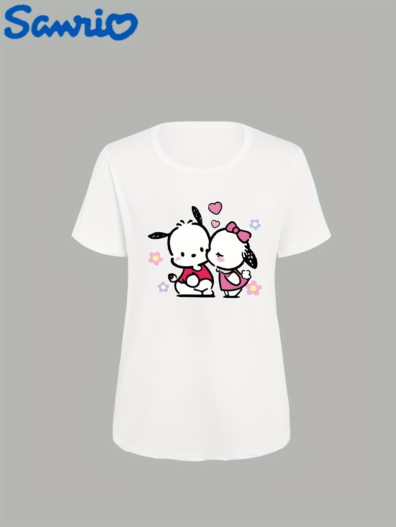 Sanrio Hello Kitty Pochacco Cute Cartoon Print Women's T-Shirt - Black Casual Round Neck Tee with Heart & Flower Design, Soft Polyester Blend for Spring/Summer, Hello Kitty Shirt