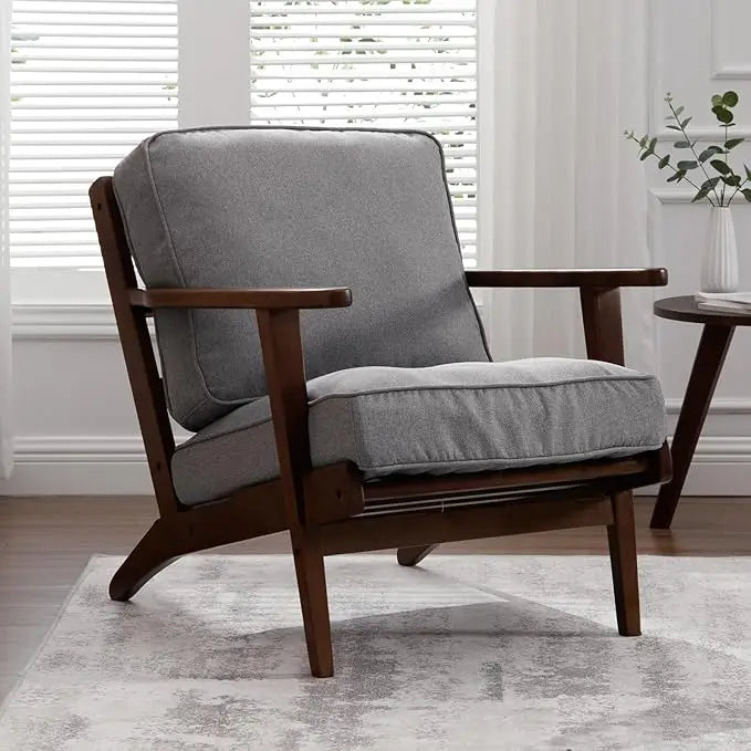 Living Room Accent Chairs Mid Century Modern Reading Arm Chair, Fabric Bedroom Chair with Soild Wood Frame