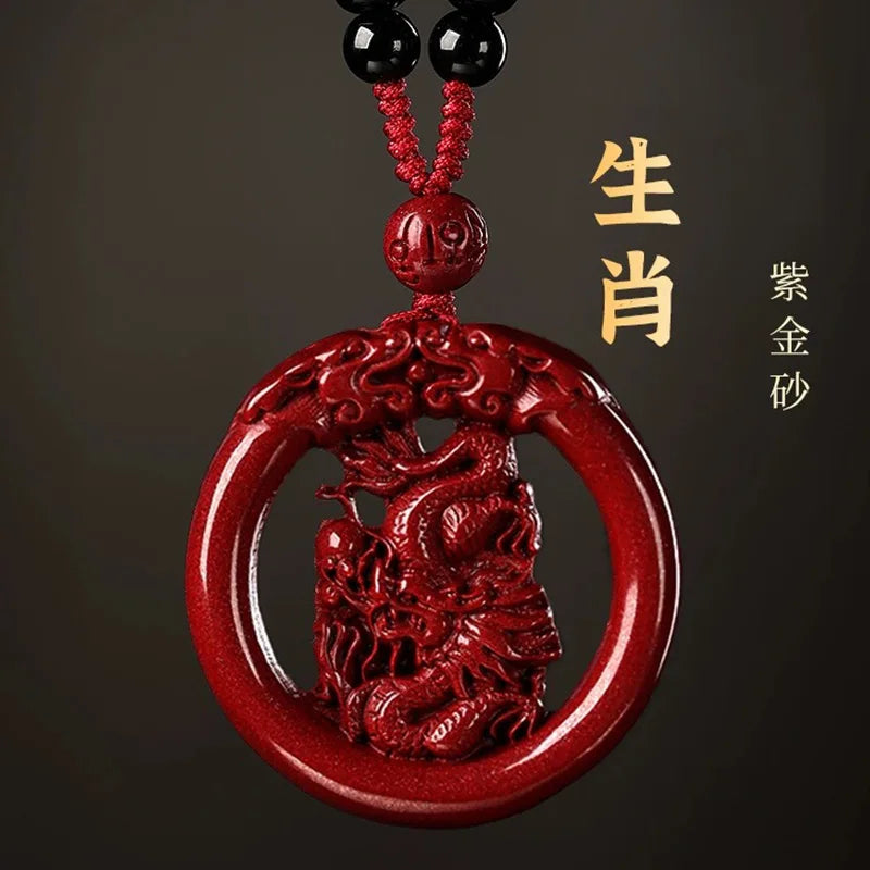 Luxury Red Cinnabar Chinese Zodiac Hollow Double-sided Pendant Necklace Real Natural Jewelry Women Accessories Energy Gifts