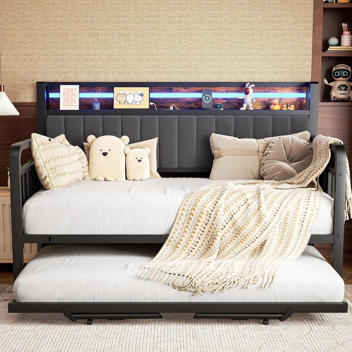 LED Light, Heavy Duty Metal Twin Bed Frame with Upholstered Storage Headboard & Charging Station, Day Bed Pop Up Trundle Bed Twi