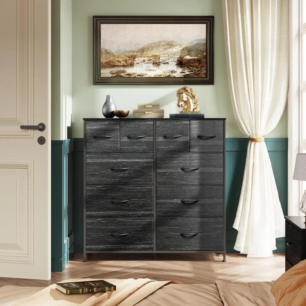 Dresser for Bedroom with 10 Fabric Drawers, Tall Chest Organizer Units for Clothing, Storage Tower with Cabinet, Metal Frame