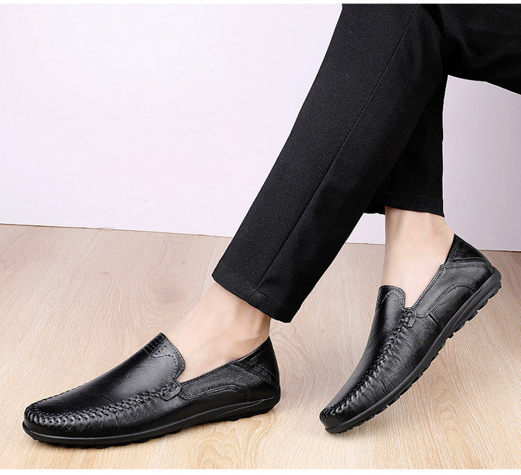CLOHOO Men's Genuine -like Upper Slip-On Dress Loafers - All-Season Round-Toe Business Casual Shoes with PU, Brown/Black, Durable Rubber Sole for Office, Vacation & Formal Wear (No Laces/Ties)