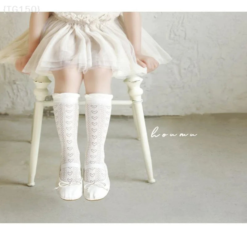 3 Pairs Princess White Lace Ruffle Stockings - Summer Mesh Thin Breathable Kids Long Socks for 3-12 Years