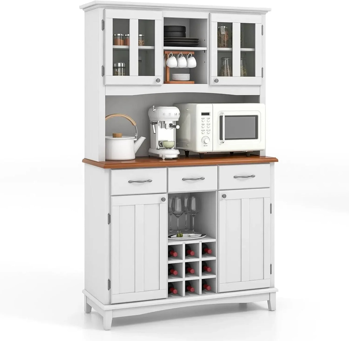 Kitchen Hutch with Storage, Glass Doors, Wine Rack, Adjustable Shelves, Pantry Storage Cabinet Sideboard, Farmhouse Cabinet