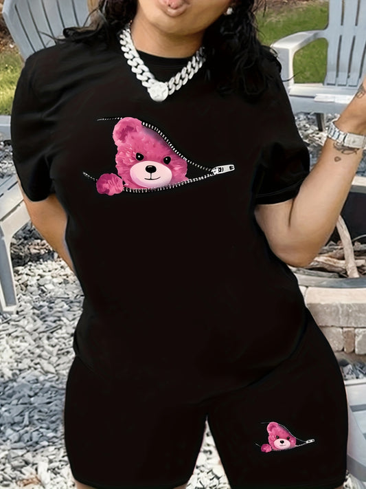 Adorable Bear Print Womens Casual Shorts Set - Comfortable Crew Neck Short Sleeve T-Shirt &figure-Hugging Skinny Shorts Outfit - Trendy Two-Piece Ensemble for Fashionable Ladies