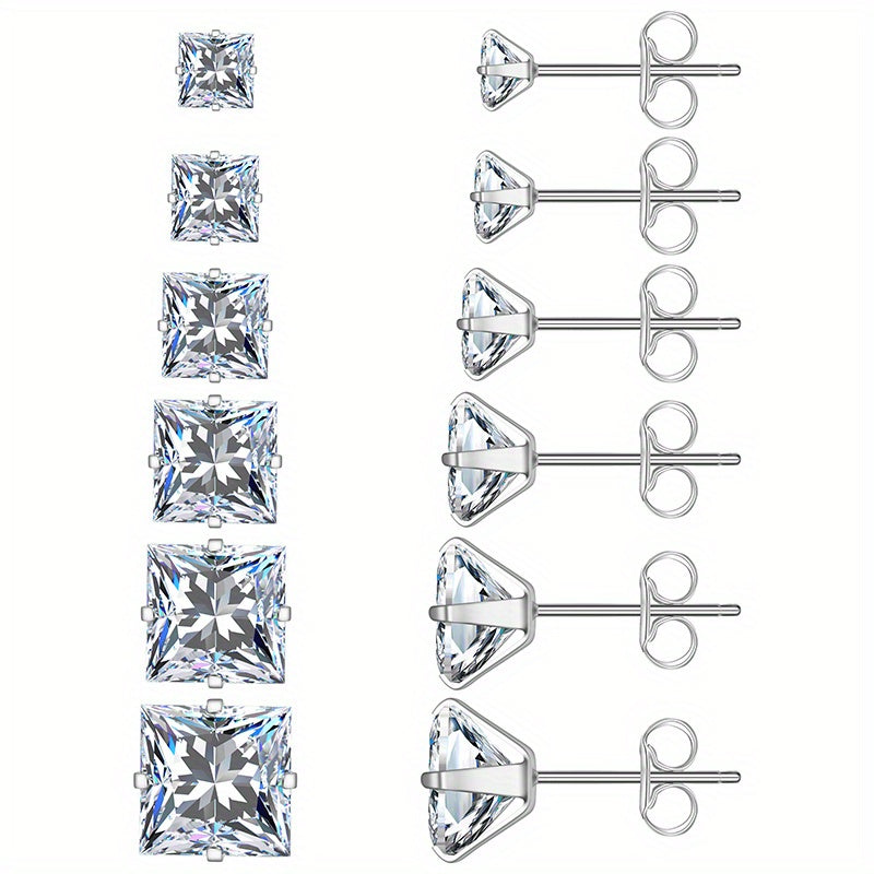316 Stainless Steel Square Stud Earrings with Cubic Zirconia Accents