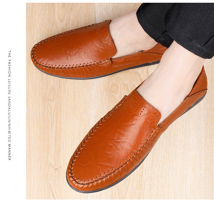 CLOHOO Men's Genuine -like Upper Slip-On Dress Loafers - All-Season Round-Toe Business Casual Shoes with PU, Brown/Black, Durable Rubber Sole for Office, Vacation & Formal Wear (No Laces/Ties)