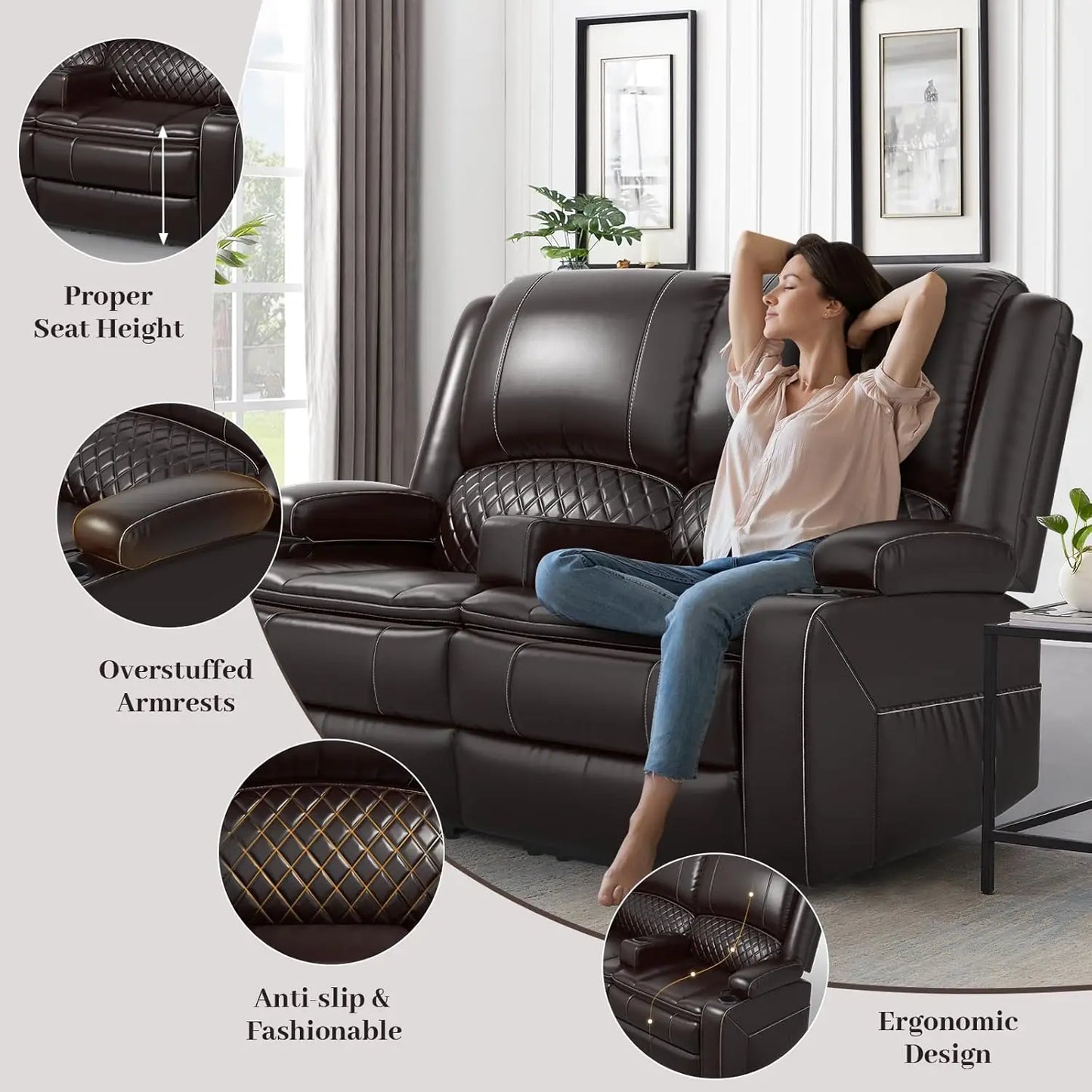 Recliner Sofa, Manual Reclining with Removable Armrest, Faux Leather Recliner for Adults with 2-Tier