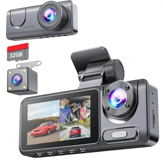 1080P Triple Dash Cam Front, Inside and Rear with 32GB Card, Night Vision, HDR & More