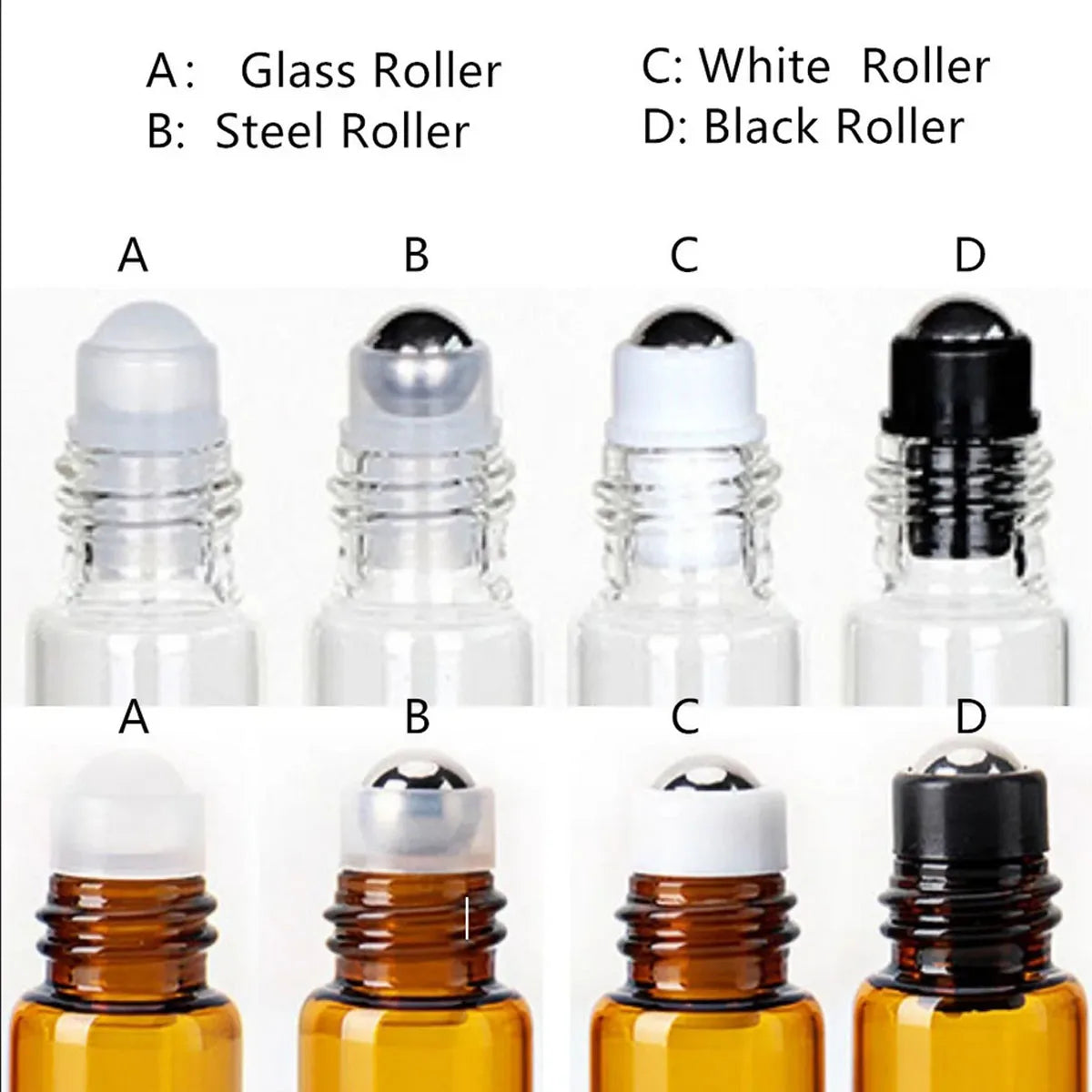 5PCS Glass Essential Oils Roller Bottles 1/2/3/5/10ml Amber / Clear Roll on Vials Plastic Caps Lids Perfume Refillable Portable