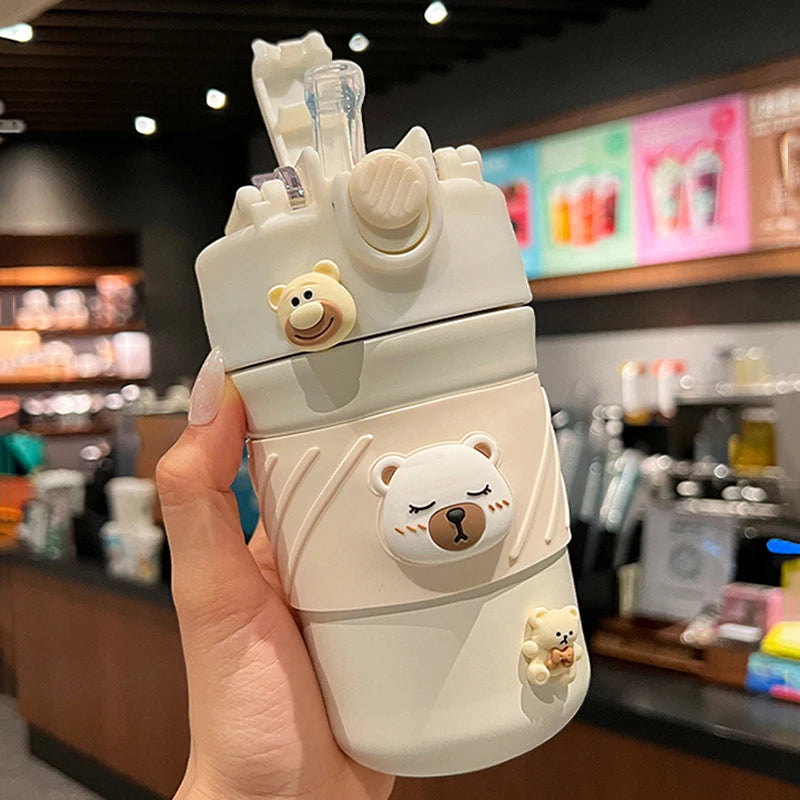 450ML Cute Bear Double Drink Thermos Coffee Mug With Straw Portable Stainless Steel Tumbler Insulated Cup Bottle For Kids Girls