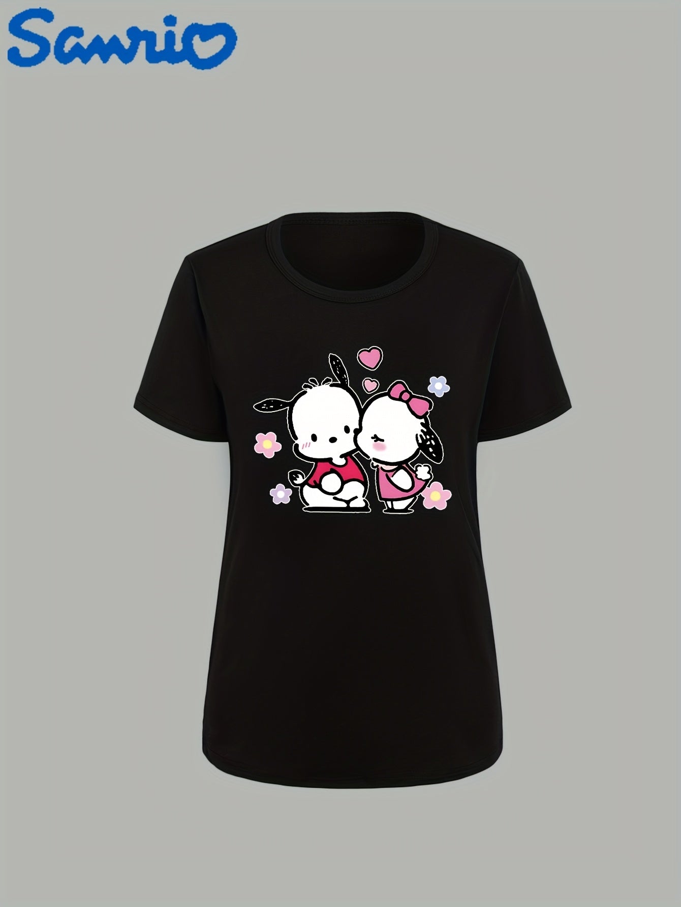 Sanrio Hello Kitty Pochacco Cute Cartoon Print Women's T-Shirt - Black Casual Round Neck Tee with Heart & Flower Design, Soft Polyester Blend for Spring/Summer, Hello Kitty Shirt
