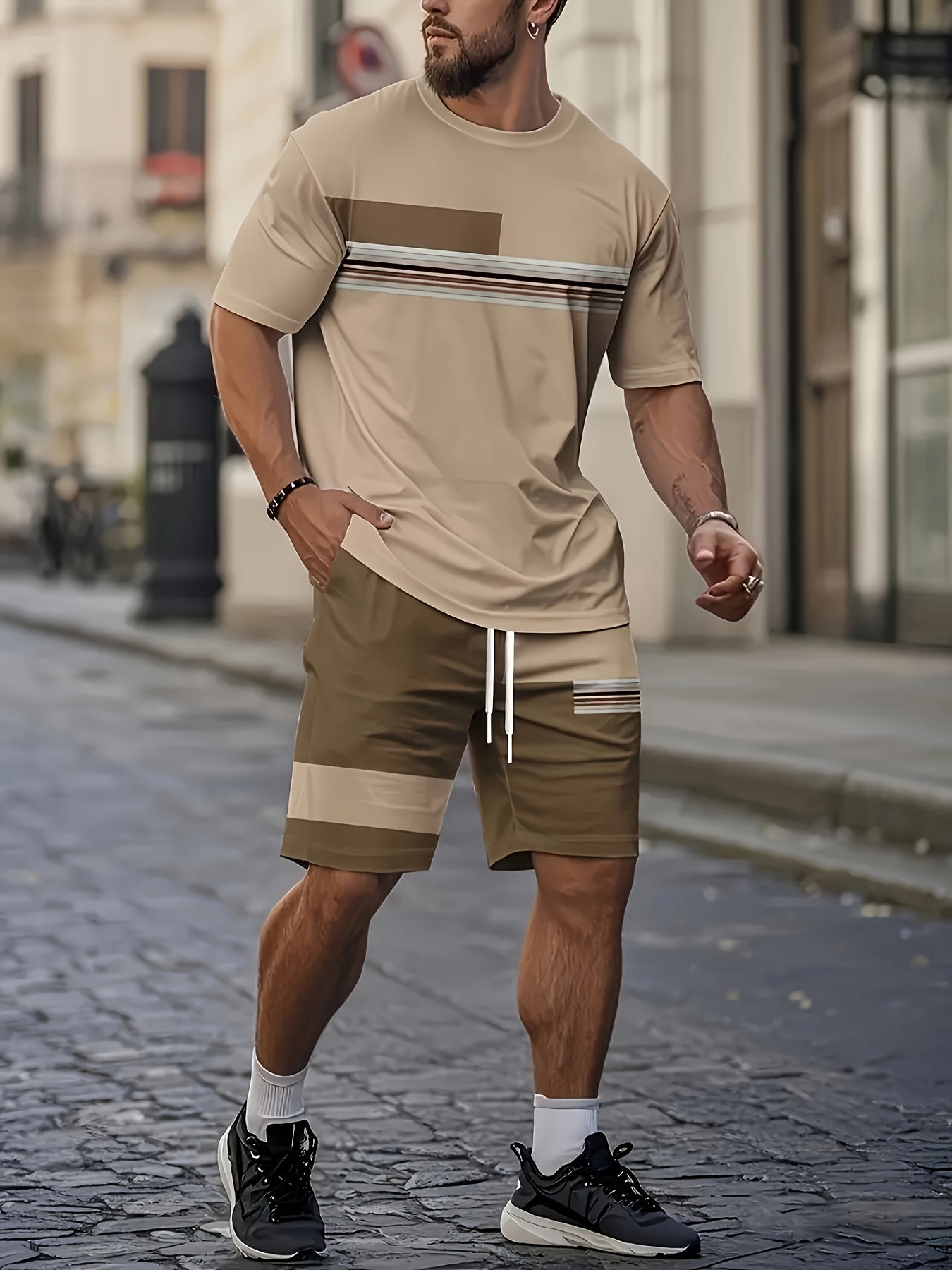 Men'S Casual 3D Print T-Shirt & Shorts Set - Breathable, Comfortable, Round Neck, Short Sleeve, Regular Fit, Spring/Summer/Fall Outdoor Leisure Wear, Casual Attire|Casual Style|Stretch Fabric, Men'S Set, Men'S Clothing, Large