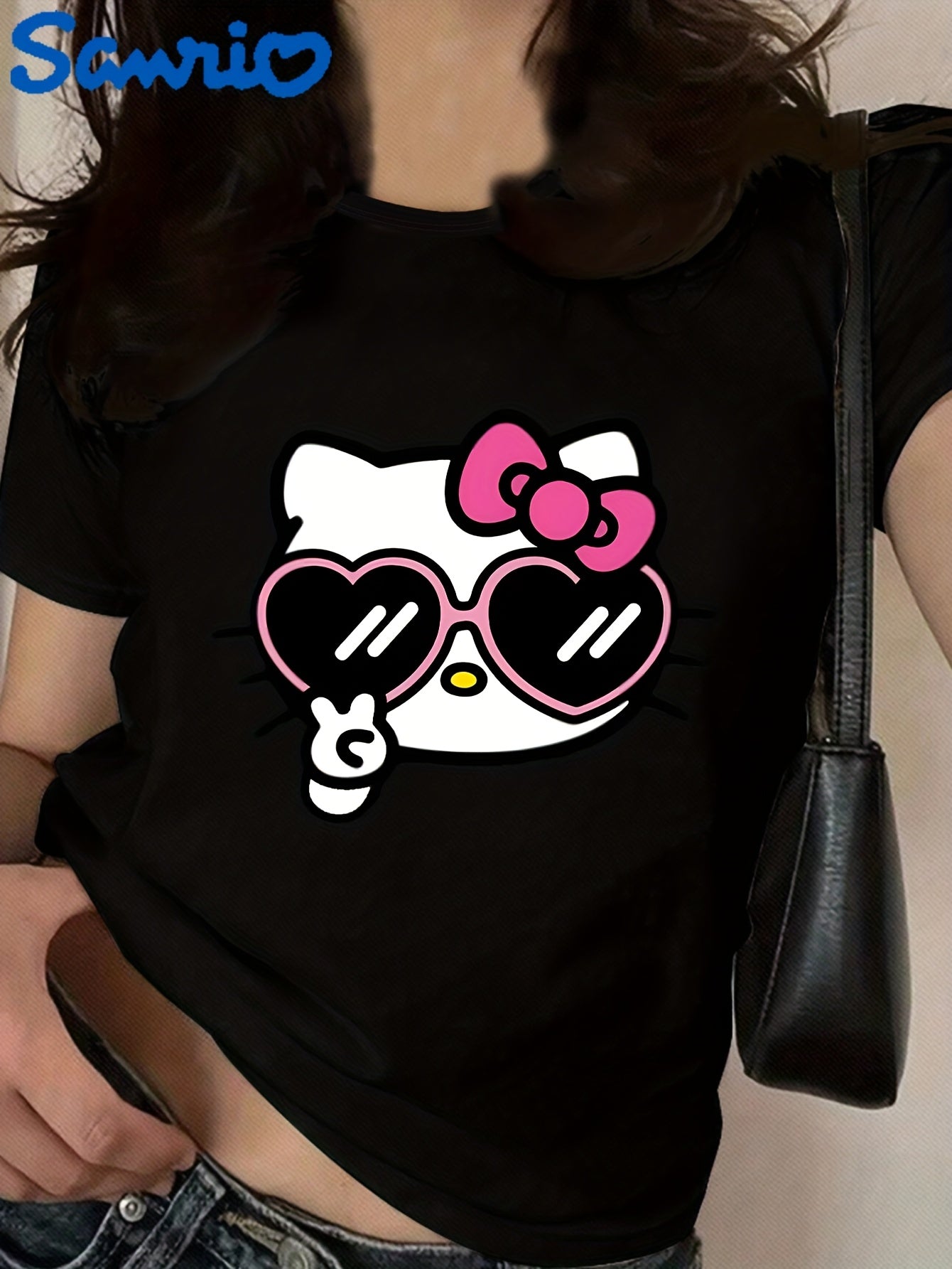 Sanrio for hello kitty Cartoon Cute Printed Crew Neck Casual Polyester T-Shirt, for Women
