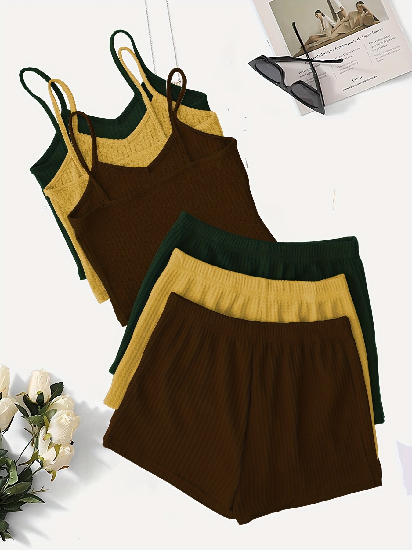 Women'S Elegant Waffle Cami & Shorts Set - Soft Pink & Mint Green, Sleeveless V-Neck Top with Ruffled Straps, High-Waisted Drawstring Shorts, Casual & Comfortable for Spring/Summer, Summer Outfit | Sleeveless Top | Texture