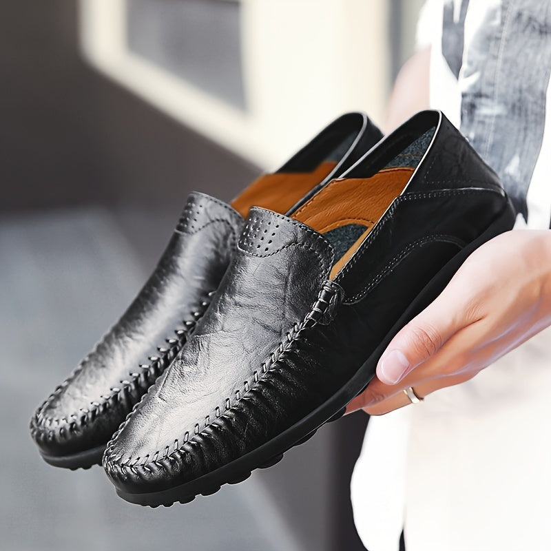 CLOHOO Men's Genuine -like Upper Slip-On Dress Loafers - All-Season Round-Toe Business Casual Shoes with PU, Brown/Black, Durable Rubber Sole for Office, Vacation & Formal Wear (No Laces/Ties)