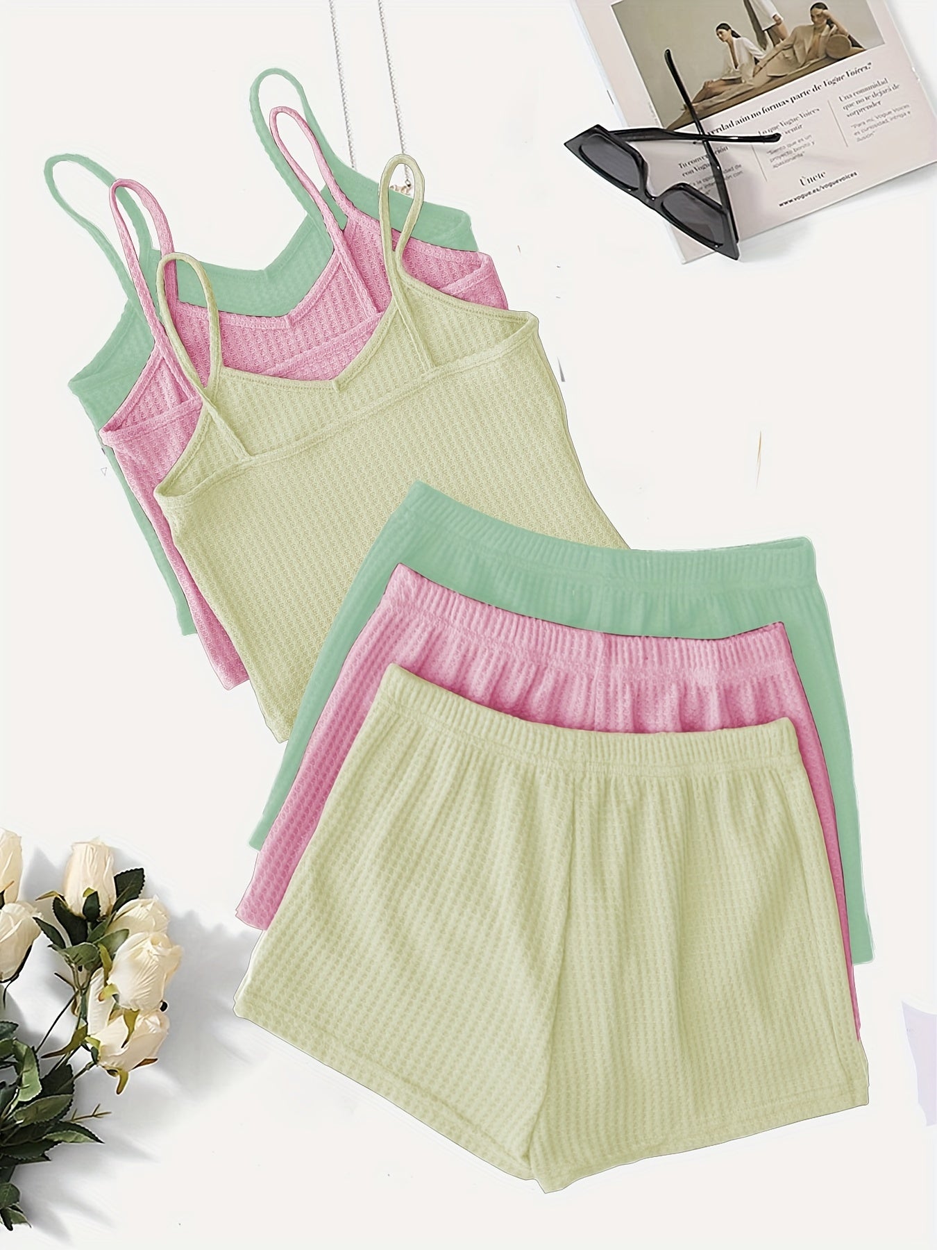 Women'S Elegant Waffle Cami & Shorts Set - Soft Pink & Mint Green, Sleeveless V-Neck Top with Ruffled Straps, High-Waisted Drawstring Shorts, Casual & Comfortable for Spring/Summer, Summer Outfit | Sleeveless Top | Texture