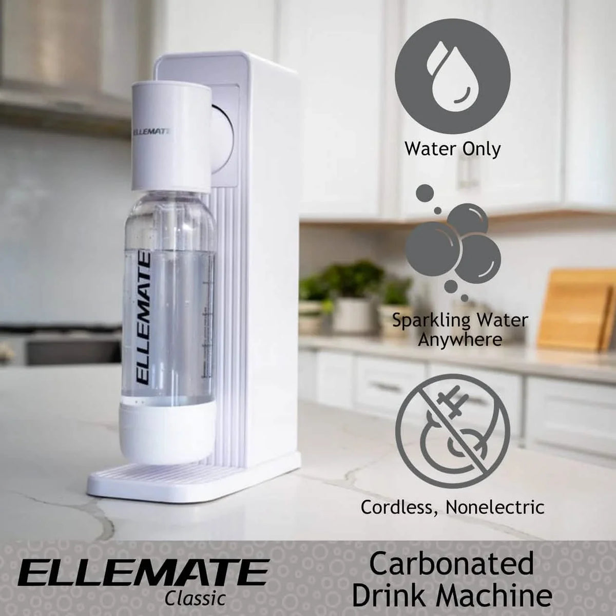 Ellemate Classic Carbonated Drink Maker, Seltzer Water with One-Push Fizz Technology, Cordless Carbonation for Bubbly Water