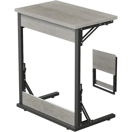 24" Wide Folding C-Shaped End Table, Small Side Desk for Couch, Sofa TV Tray Table with Metal Frame for Living Room, Bedroom,