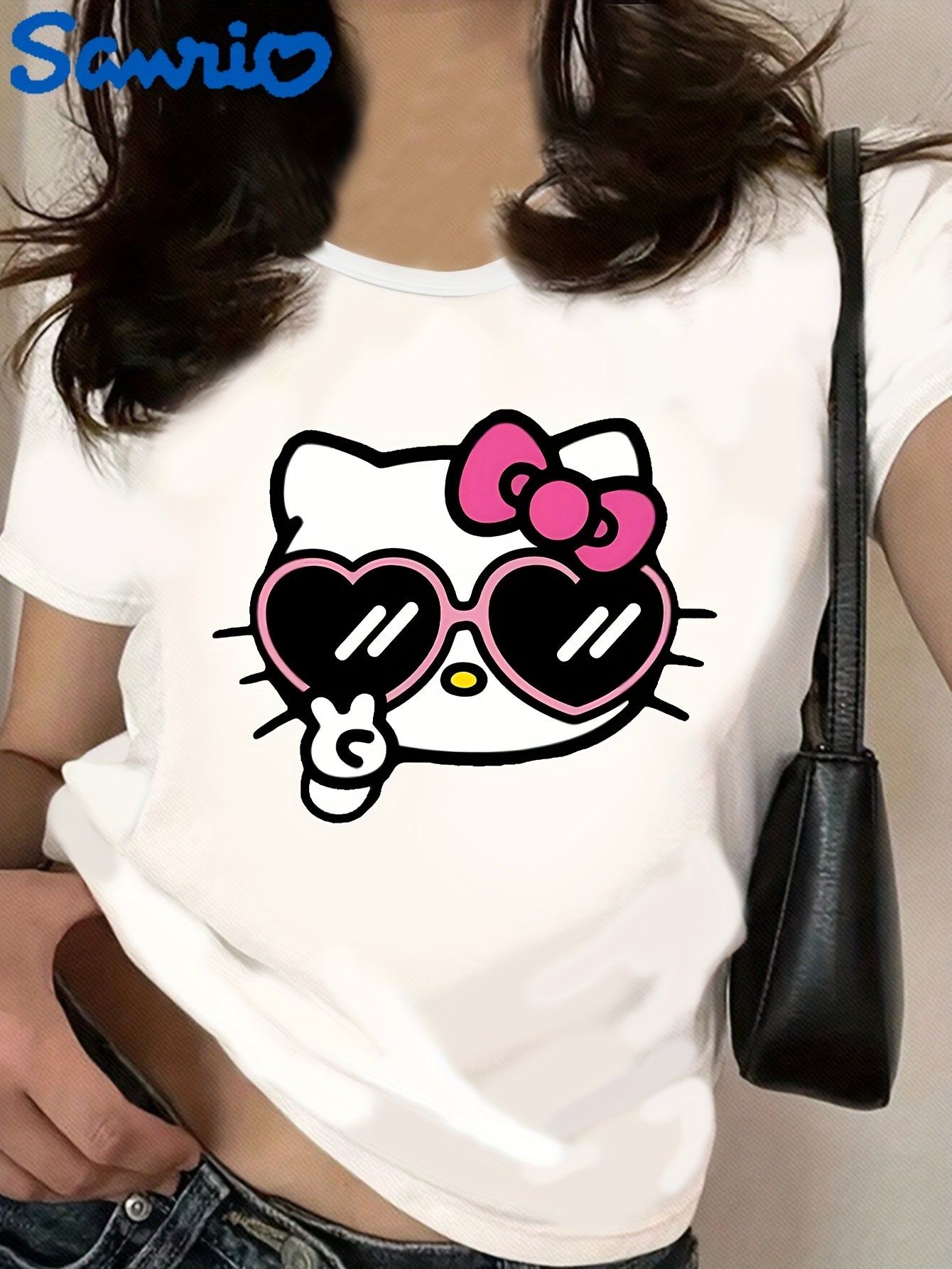 Sanrio for hello kitty Cartoon Cute Printed Crew Neck Casual Polyester T-Shirt, for Women