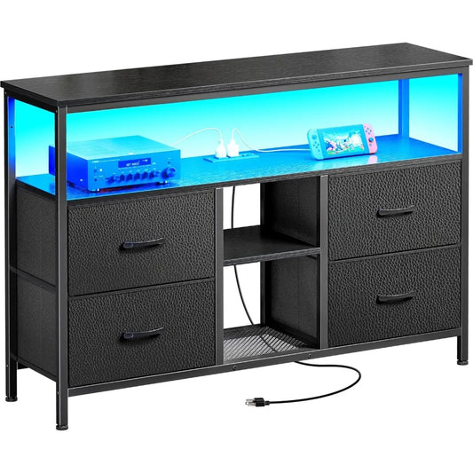 TV Stand Dresser with Power Outlets and LED Lights, 4 Drawers Entertainment Center with Open Shelf, Media Console for 50