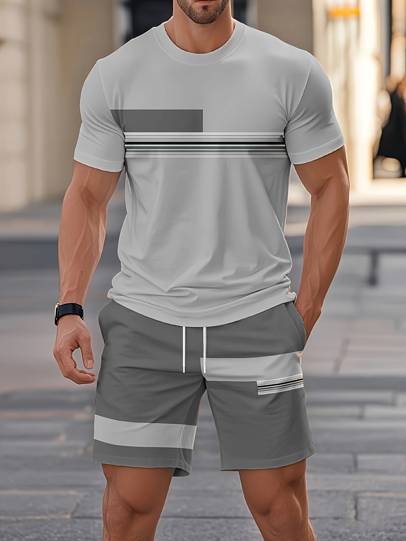 Men'S Casual 3D Print T-Shirt & Shorts Set - Breathable, Comfortable, Round Neck, Short Sleeve, Regular Fit, Spring/Summer/Fall Outdoor Leisure Wear, Casual Attire|Casual Style|Stretch Fabric, Men'S Set, Men'S Clothing, Large