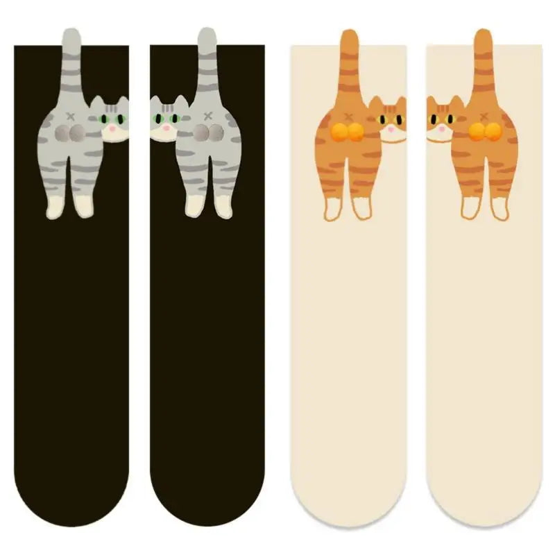 【N】 1/2 Pair Cartoon Cute Cat Balls Cotton Socks, Kawaii Lolita Knitting Middle Tube Socks with Cat Butt Print