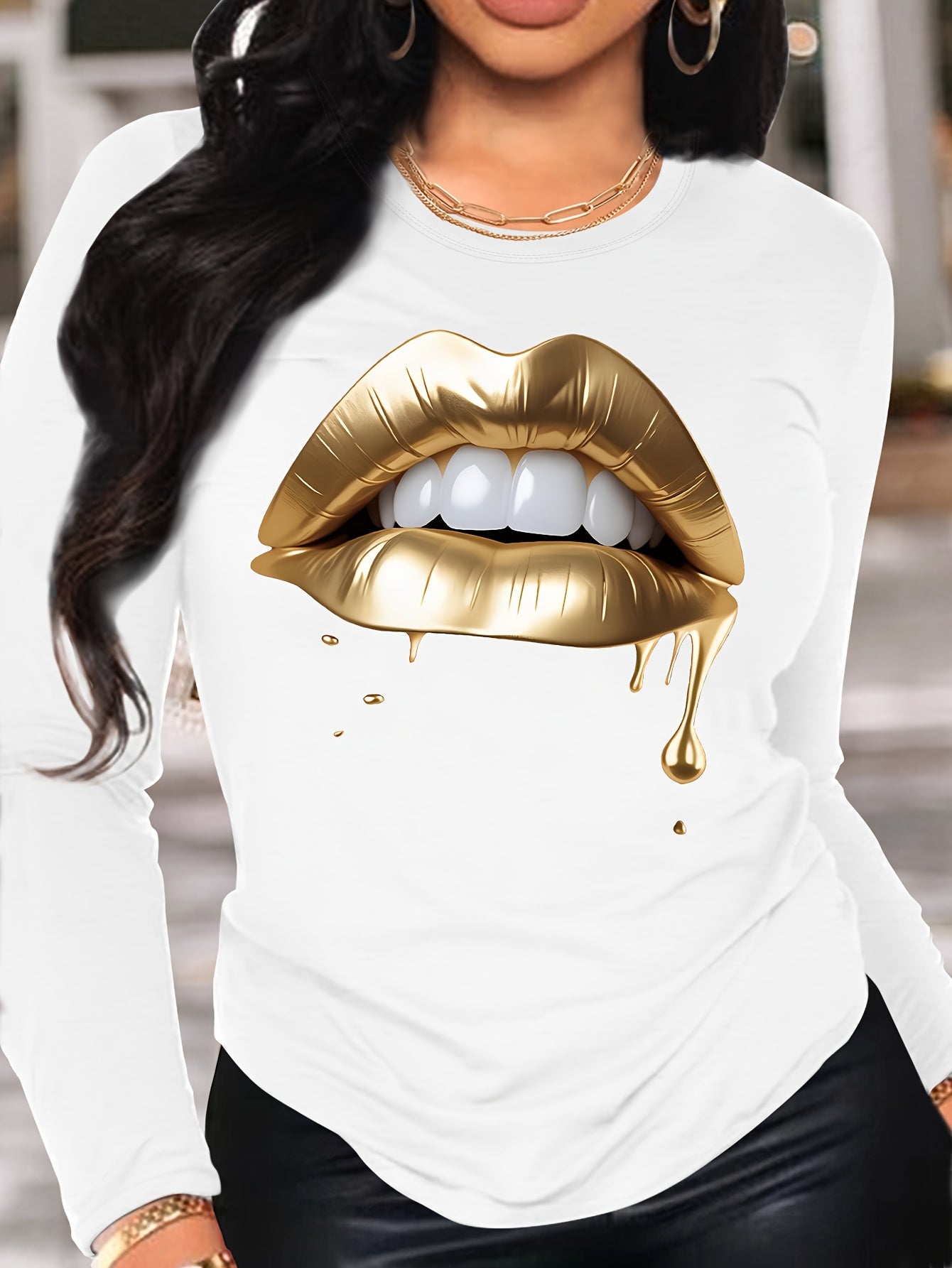 Vibrant Lips Print Long Sleeve Crew Neck T-shirt - Women's Casual Spring & Fall Clothing - Comfortable, Relaxed Fit, Soft Fabric, Stylish Graphic Tee for Ladies