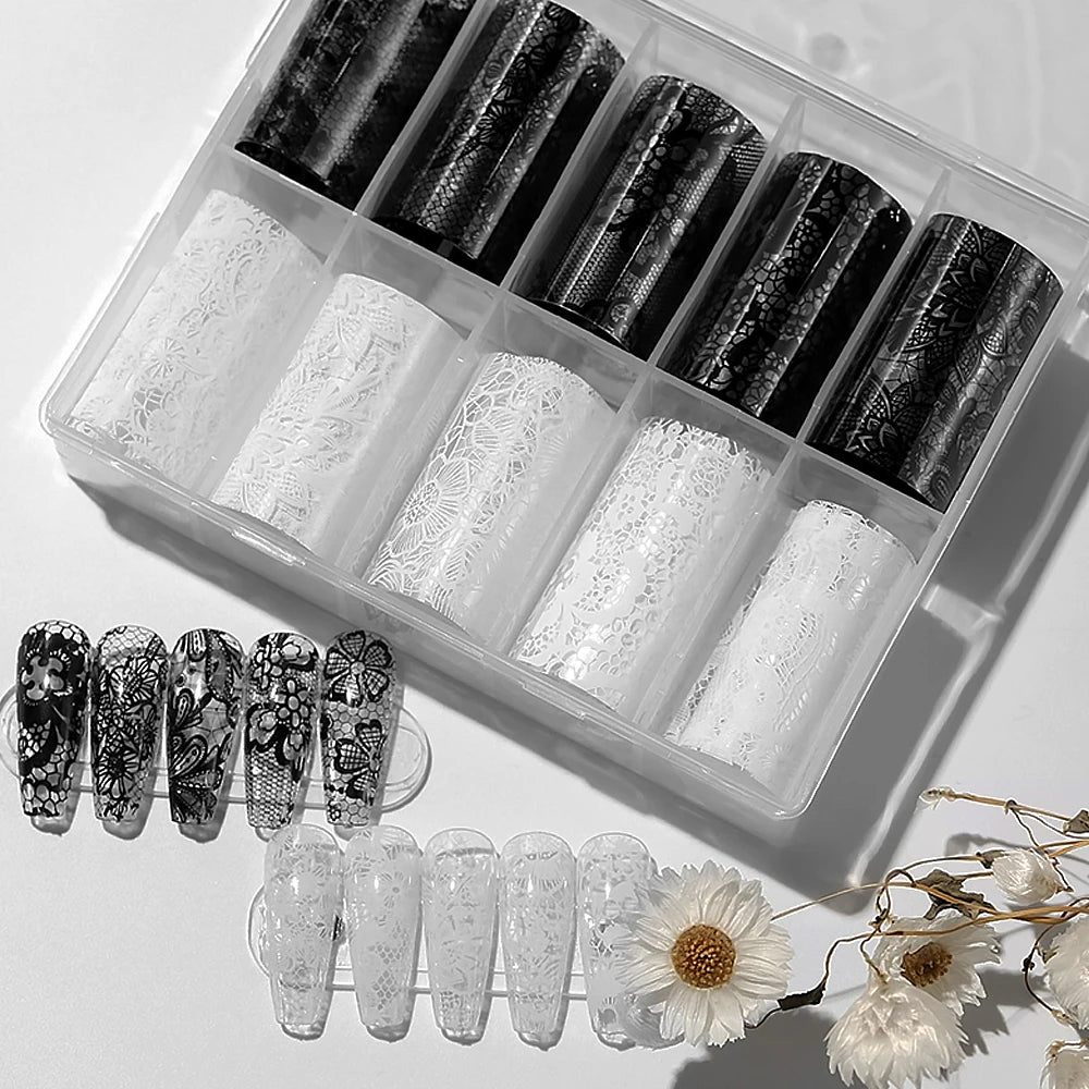 10Rolls/Box White+Black Lace Design Nail Transfer Foils Stickers 3D Mixed Sexy Lace Flower Pattern Nail Decals DIY Manicure Deco