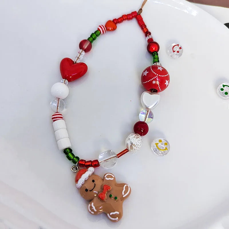 Gingerbread Man Mobile Phone Charm Strap Chain Lanyard Cute Red Green Clear Acrylic Bead Women Christmas Gifts Cellphone Jewelry