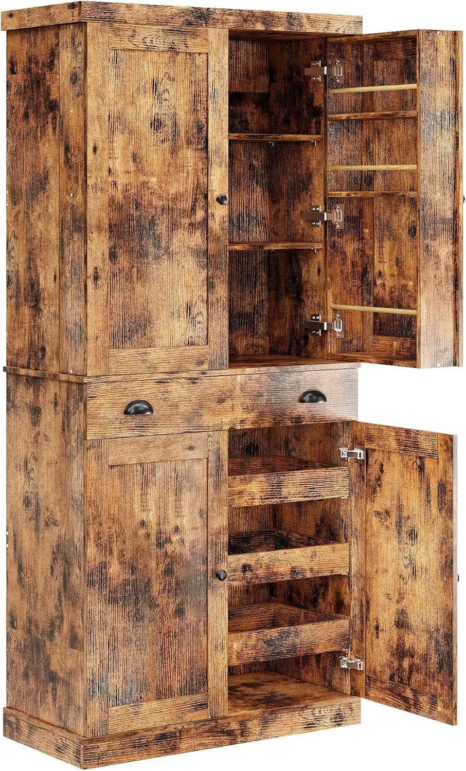 Kitchen Pantry Cabinet Freestanding Cupboard with Drawer, Sliding Storage Rack, and 6 Hanging Shelves